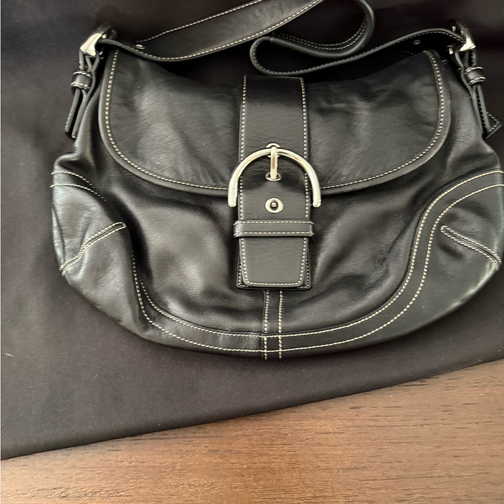 Coach Black Leather Shoulder Bag with Silver Buckle